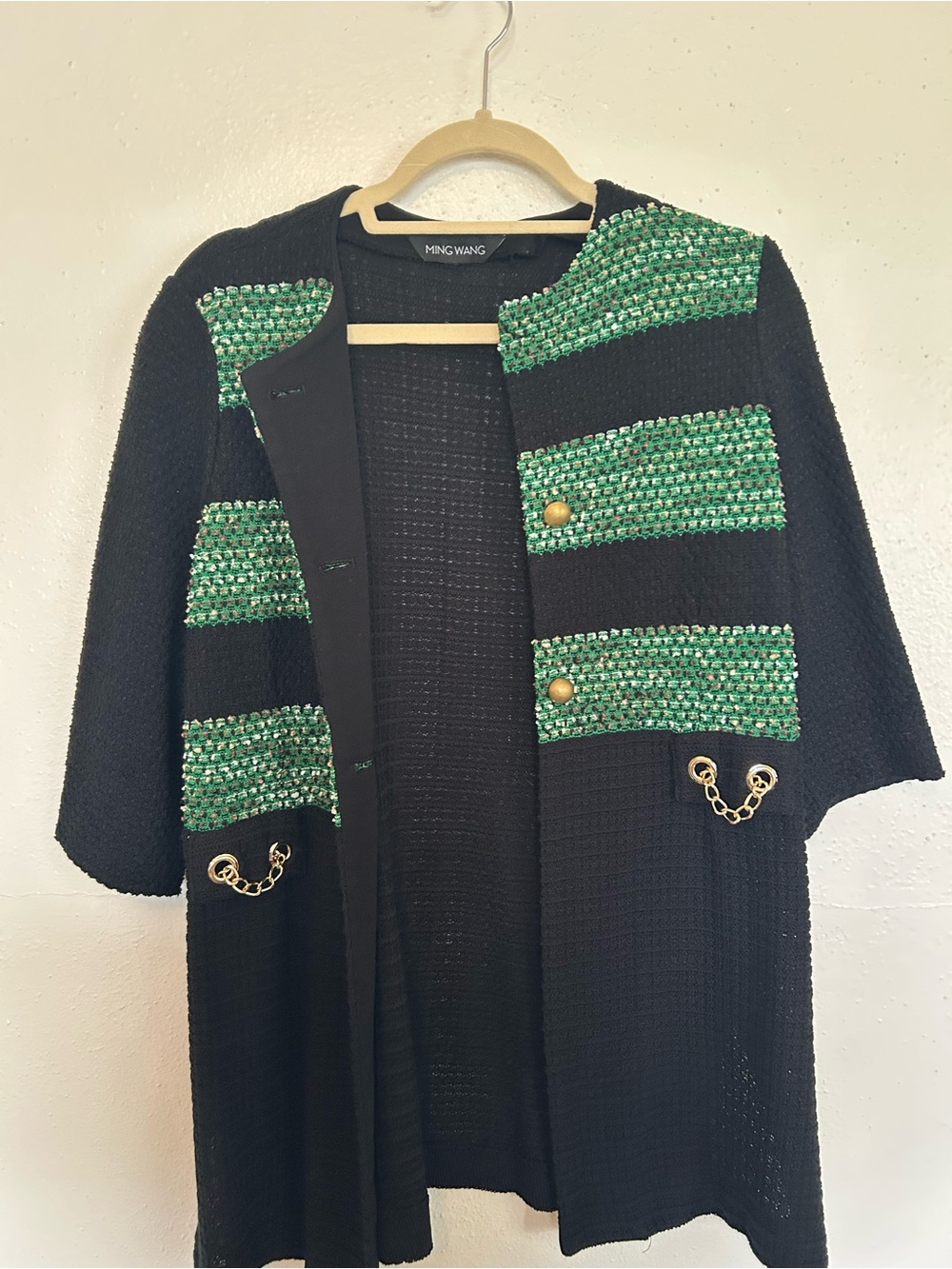 Ming Wang Black Jacket with Green Trim and Gold Buttons